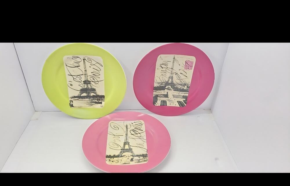 Rosanna Paris Eiffel Tower Plates Set of 3 Pink Green Decorative Dessert Plates